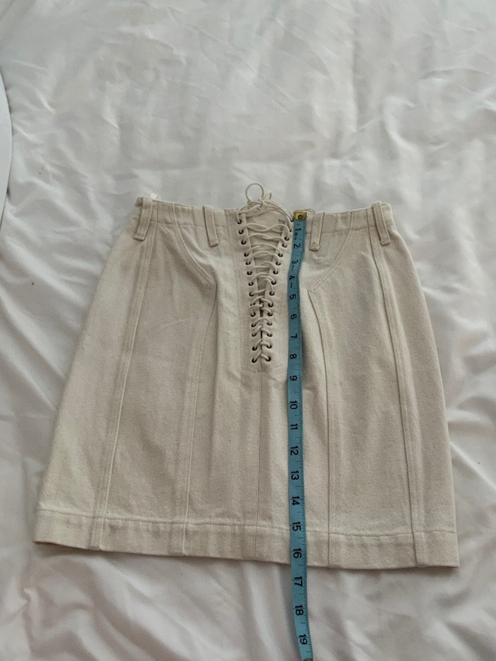 RARE SOUGHT AFTER 1991 ALAIA RUNWAY LACE UP IVORY DENIM MINI SKIRT XS - Picture 7 of 11